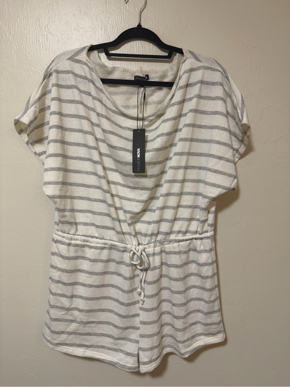 Fashion Nova White & Light Gray Striped Drawstring Tunic